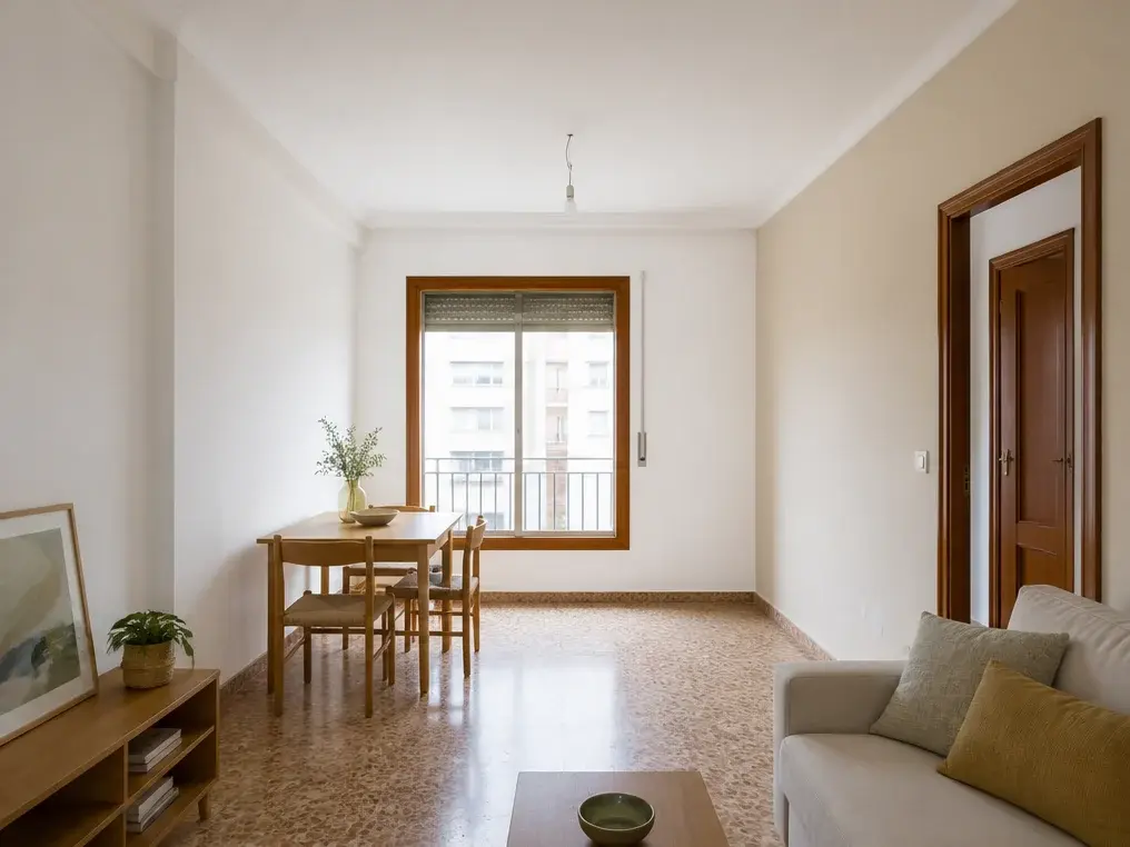 Salón y comedor de El Cabanyal terminados en tonos cal y lino
